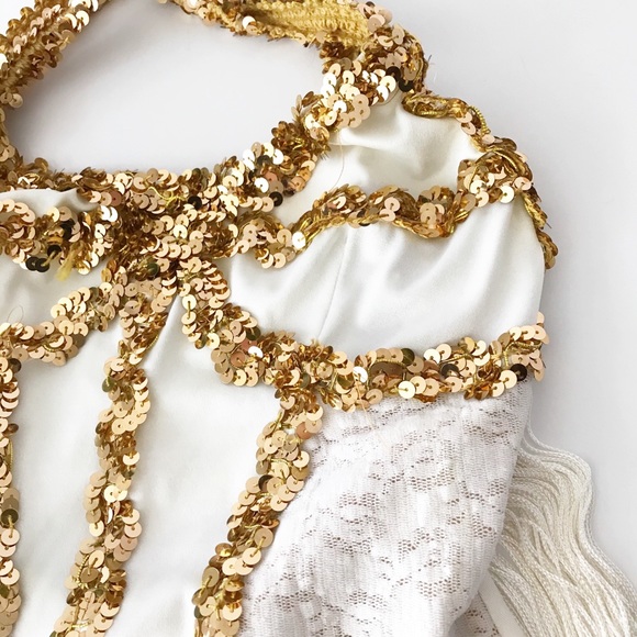 Vintage Fringe Back Bodysuit Sequin White Lace S - Picture 6 of 10